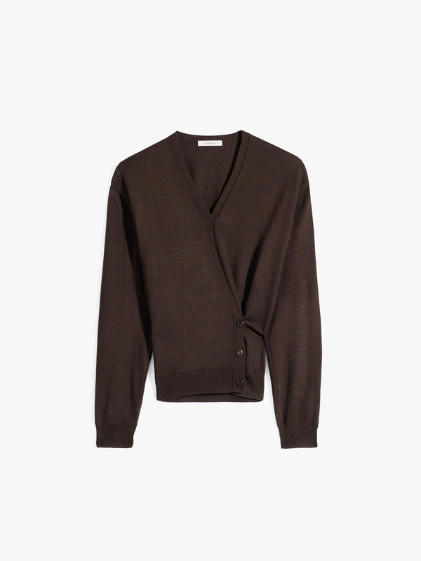 stoy Twisted V Neck Cardigan in Dark Cacao