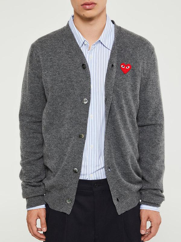 Stoy V-Neck Cardigan With Red Emblem In Grey