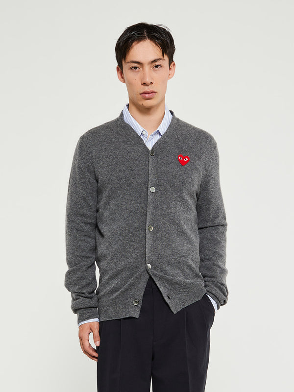 stoy V-Neck Cardigan with Red Emblem in Grey