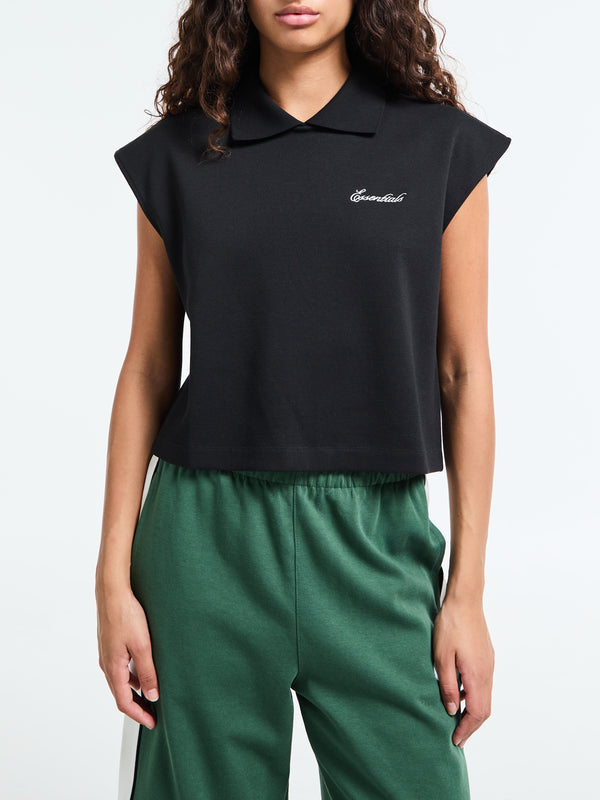 stoy Women's Cropped Pique Polo in Jet Black