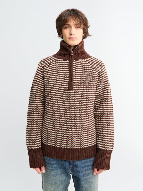 Stoy Studio Nicholson X Aaron Levine Ribbed Zip Jumper In Chocolate Oatmeal Stripe