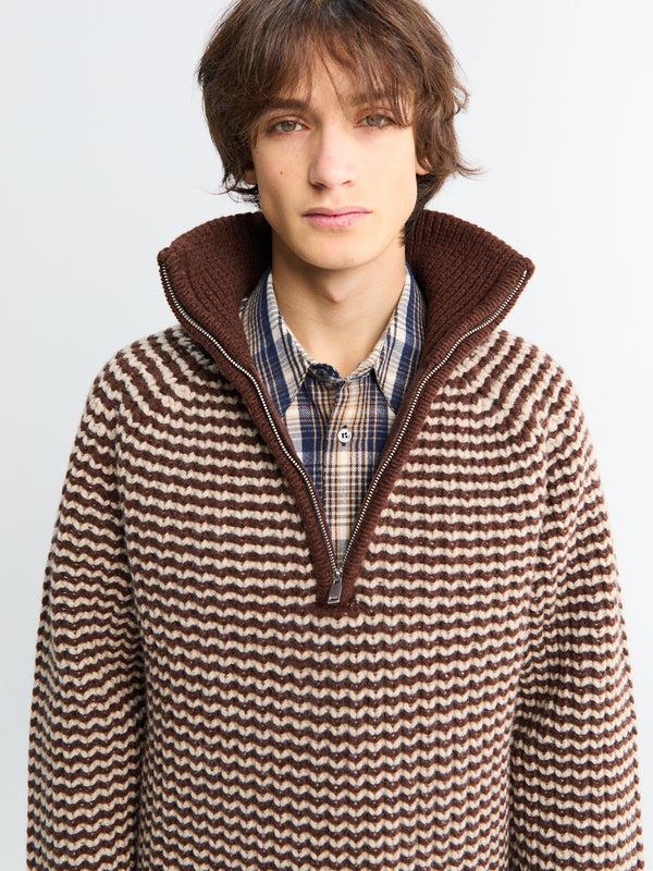 Stoy Studio Nicholson X Aaron Levine Ribbed Zip Jumper In Chocolate Oatmeal Stripe