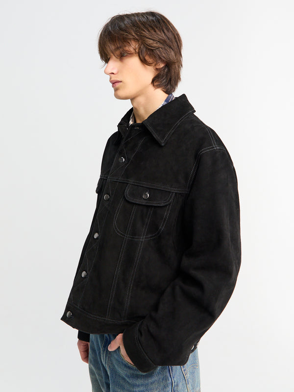 Stoy Studio Nicholson X Aaron Levine Suede Trucker Jacket In Black