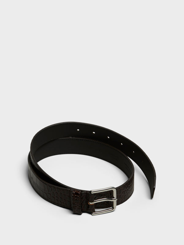 Stoy Toni Croc Patent Leather Belt In Brown And Silver
