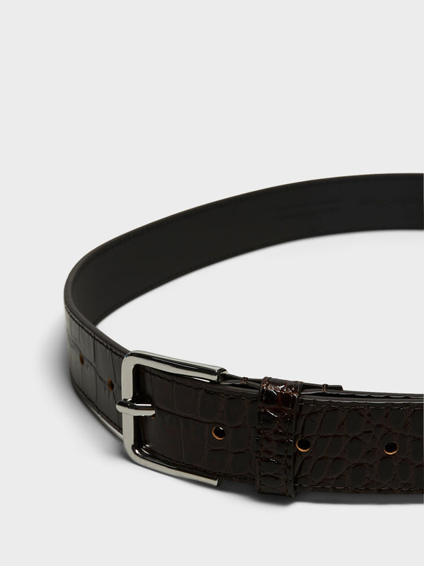 Stoy Toni Croc Patent Leather Belt In Brown And Silver
