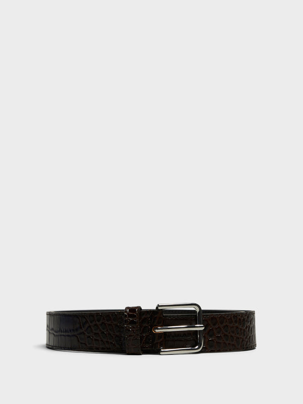 stoy Toni Croc Patent Leather Belt in Brown and Silver