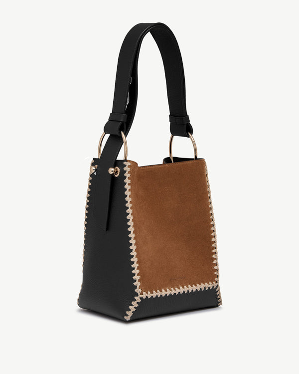 Strawberry Lana Midi Bucket Bag - Tan Suede/Black Leather Crochet