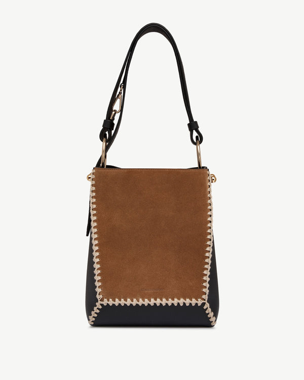 strawberry Lana Midi Bucket Bag - Tan Suede/Black Leather Crochet