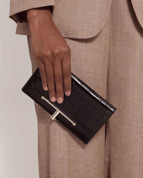 strawberry Large Melville Street Wallet - Croc-Embossed Leather Mahogany/Black