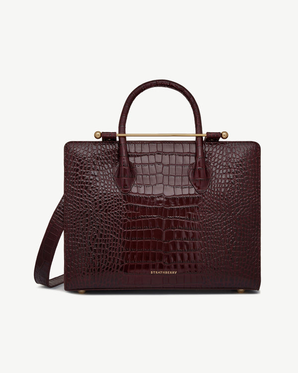 Strawberry Midi Tote - Croc-Embossed Leather Burgundy