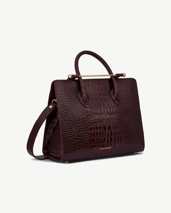 Strawberry Midi Tote - Croc-Embossed Leather Burgundy