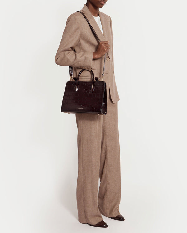 strawberry Midi Tote - Croc-Embossed Leather Mahogany