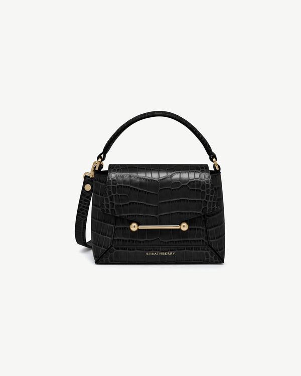 Strawberry Mosaic Nano - Soft Croc-Embossed Leather Black