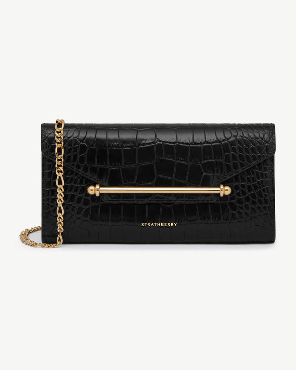 Strawberry Multrees Chain Wallet - Croc-Embossed Leather Black
