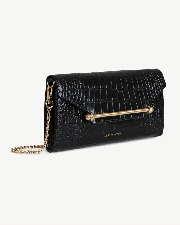 Strawberry Multrees Chain Wallet - Croc-Embossed Leather Black