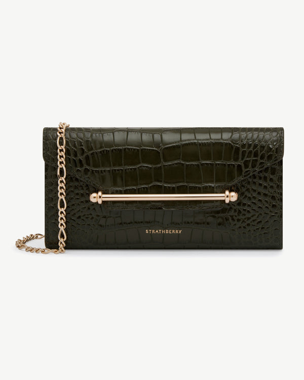 Strawberry Multrees Chain Wallet - Croc-Embossed Leather Forest