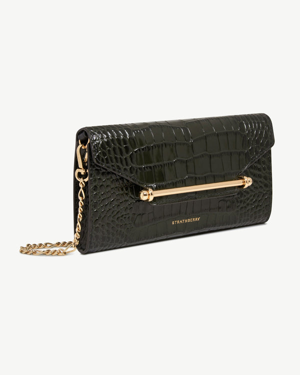 Strawberry Multrees Chain Wallet - Croc-Embossed Leather Forest