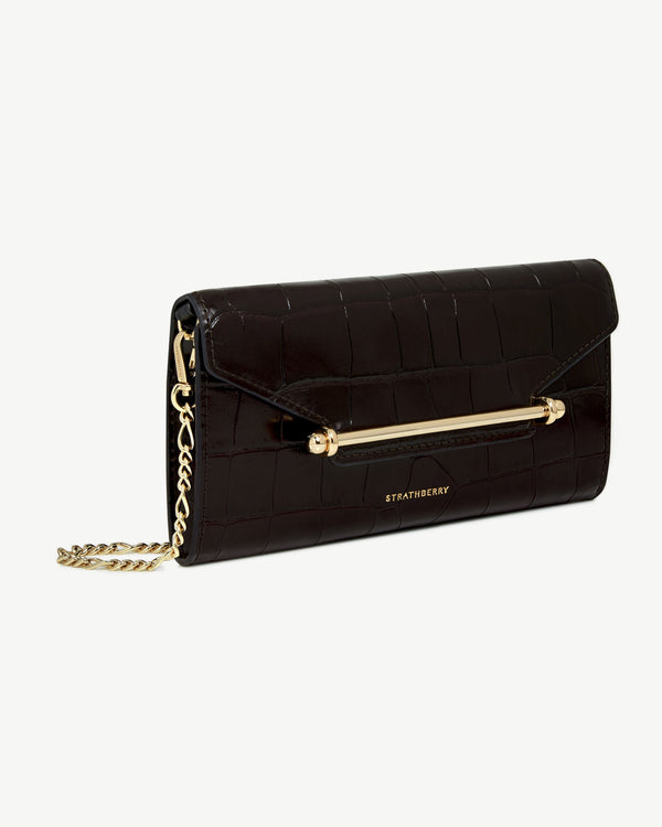 Strawberry Multrees Chain Wallet - Croc-Embossed Leather Mahogany/Black