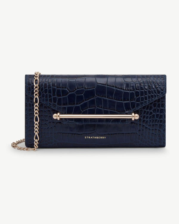 Strawberry Multrees Chain Wallet - Croc-Embossed Leather Navy