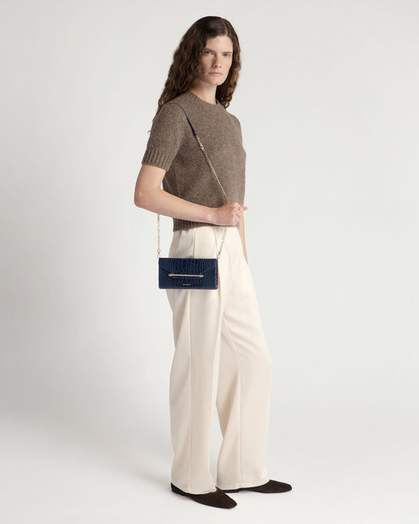 strawberry Multrees Chain Wallet - Croc-Embossed Leather Navy