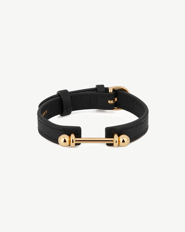 Strawberry Music Bar Bracelet - Black Leather / 22 Carat Gold Gilded