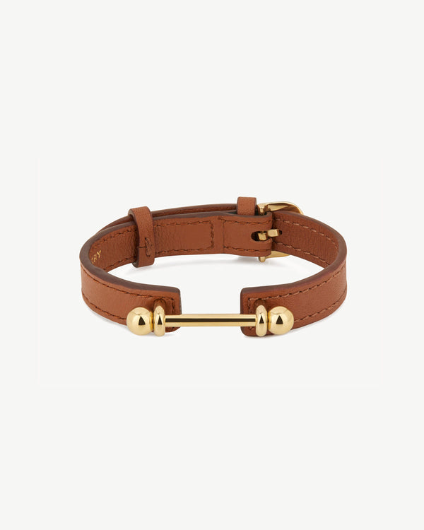 Strawberry Music Bar Bracelet - Chestnut Leather / 22 Carat Gold Gilded