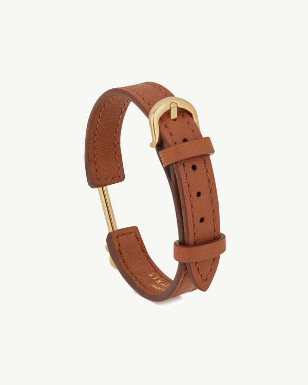 Strawberry Music Bar Bracelet - Chestnut Leather / 22 Carat Gold Gilded