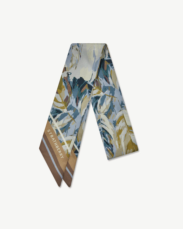 Strawberry Silk Skinny Scarf - Clay/Blue Abstract Feather Print
