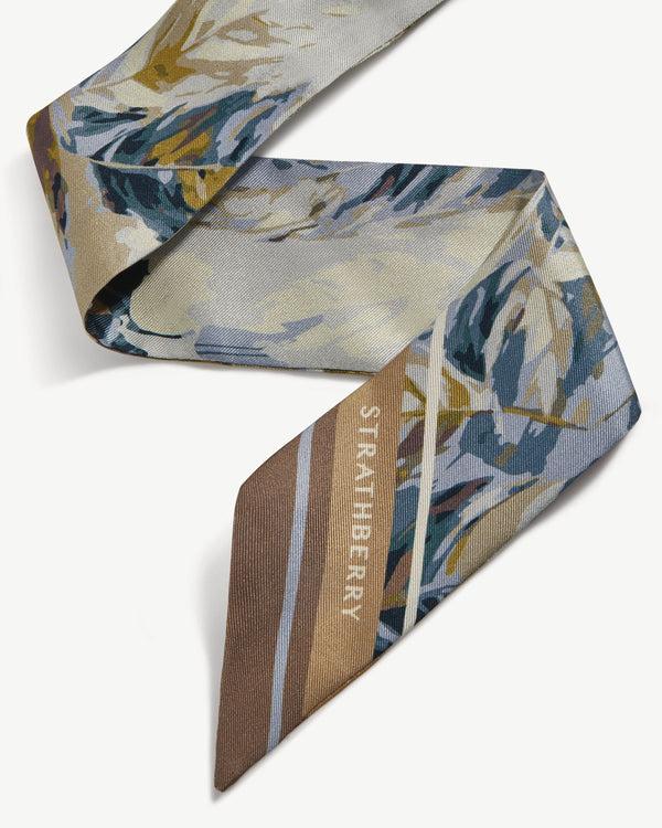 Strawberry Silk Skinny Scarf - Clay/Blue Abstract Feather Print
