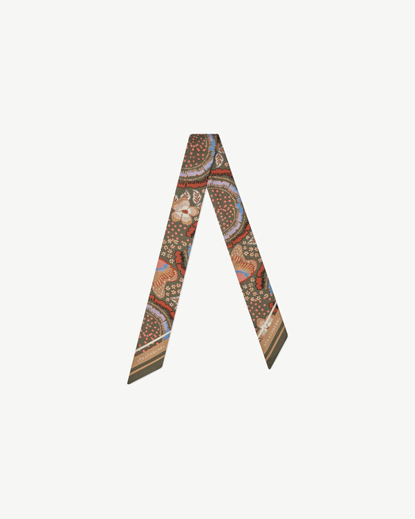 Strawberry Silk Skinny Scarf - Embroidery Print Khaki/Caramel