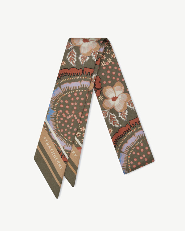 Strawberry Silk Skinny Scarf - Embroidery Print Khaki/Caramel