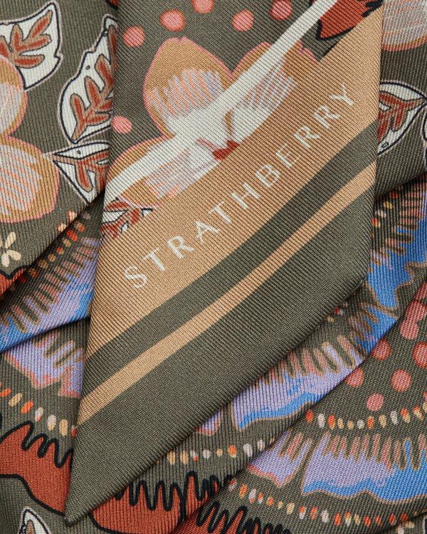 Strawberry Silk Skinny Scarf - Embroidery Print Khaki/Caramel