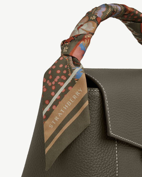 strawberry Silk Skinny Scarf - Embroidery Print Khaki/Caramel