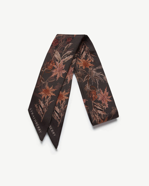 Strawberry Silk Skinny Scarf - Espresso Thistle Print