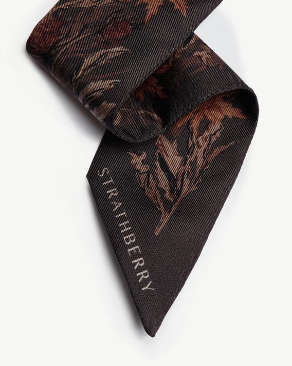 Strawberry Silk Skinny Scarf - Espresso Thistle Print