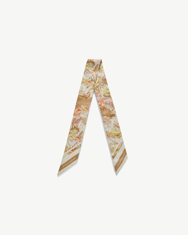 Strawberry Silk Skinny Scarf - Floral Print Vanilla/Pink