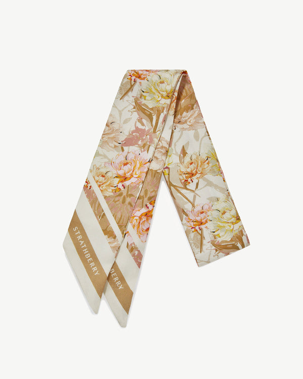 Strawberry Silk Skinny Scarf - Floral Print Vanilla/Pink