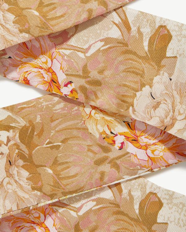 Strawberry Silk Skinny Scarf - Floral Print Vanilla/Pink