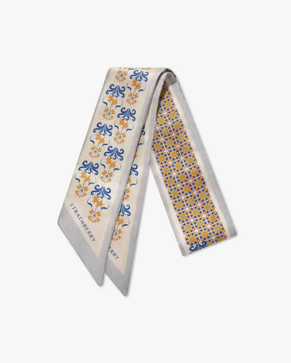 Strawberry Silk Skinny Scarf - Geometric Tile Marble Grey/Brûlée