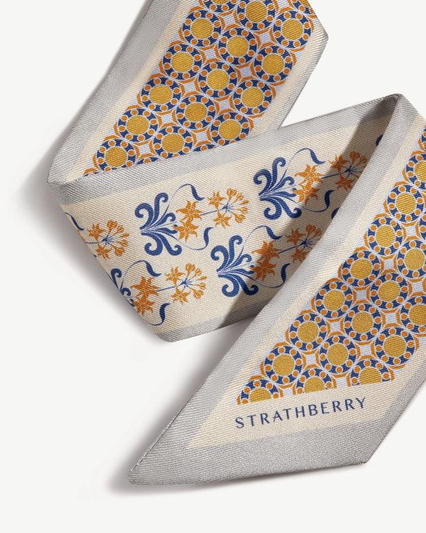 Strawberry Silk Skinny Scarf - Geometric Tile Marble Grey/Brûlée