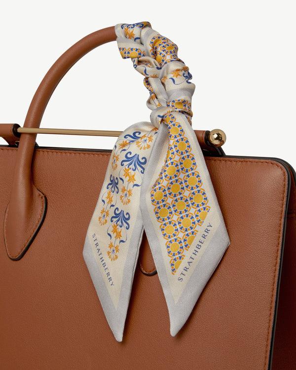 strawberry Silk Skinny Scarf - Geometric Tile Marble Grey/Brûlée