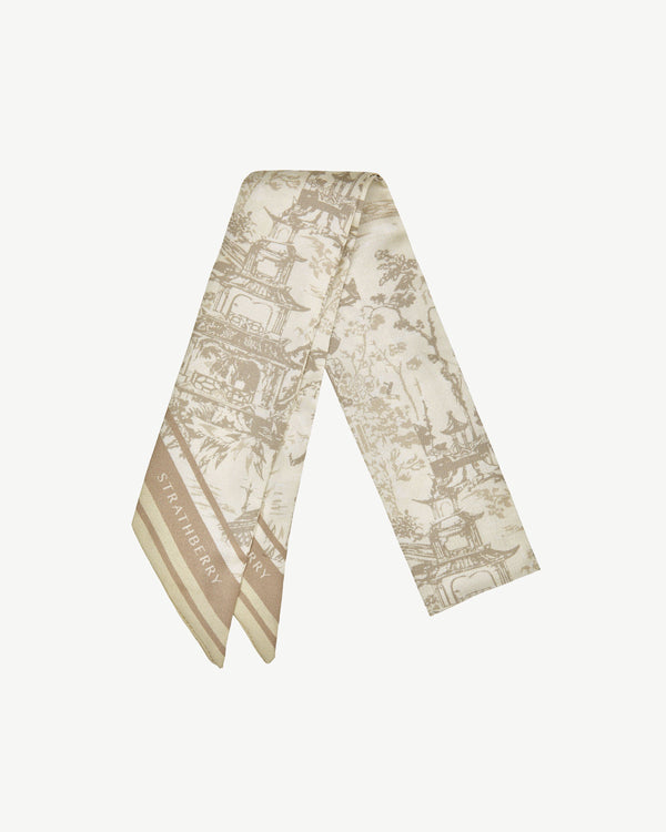 Strawberry Silk Skinny Scarf - Oat/Mushroom Oriental Print