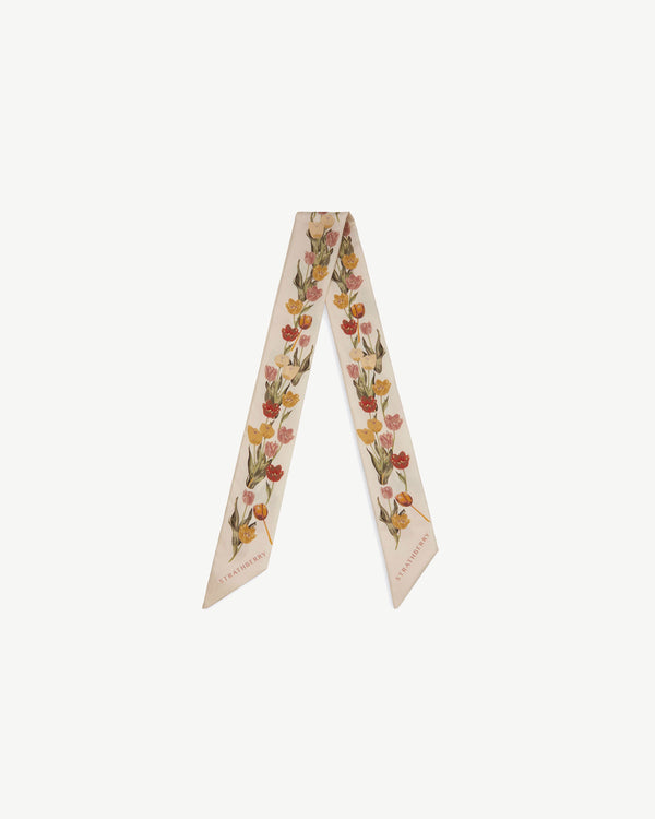 Strawberry Silk Skinny Scarf - Vanilla/Brûlée Tulip Print