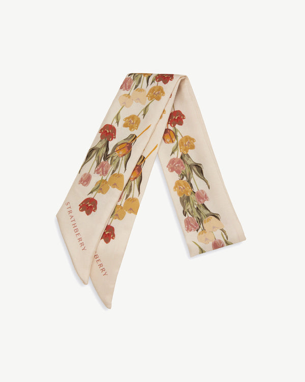 Strawberry Silk Skinny Scarf - Vanilla/Brûlée Tulip Print