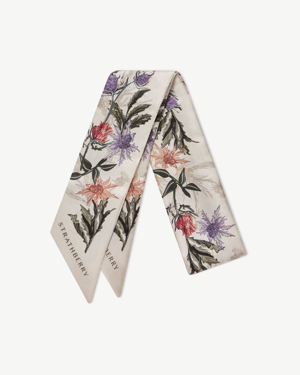 Strawberry Silk Skinny Scarf - Vanilla/Forest Green Thistle Print