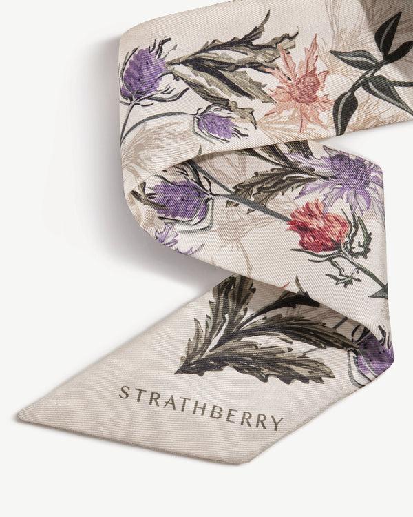 Strawberry Silk Skinny Scarf - Vanilla/Forest Green Thistle Print