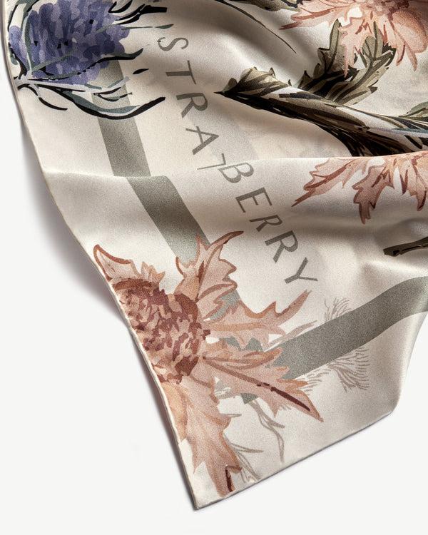 strawberry Silk Square Scarf - Vanilla/Forest Green Thistle Print