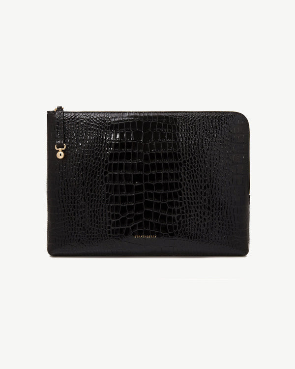 Strawberry Laptop Case - Croc-Embossed Leather Black