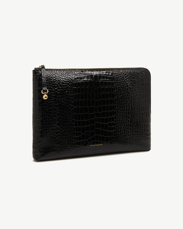 Strawberry Laptop Case - Croc-Embossed Leather Black
