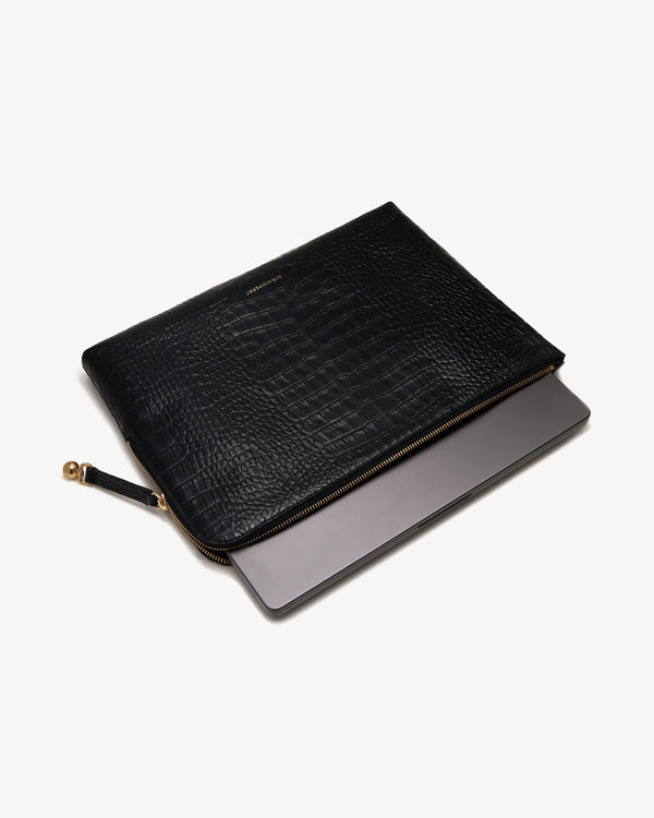 strawberry Laptop Case - Croc-Embossed Leather Black
